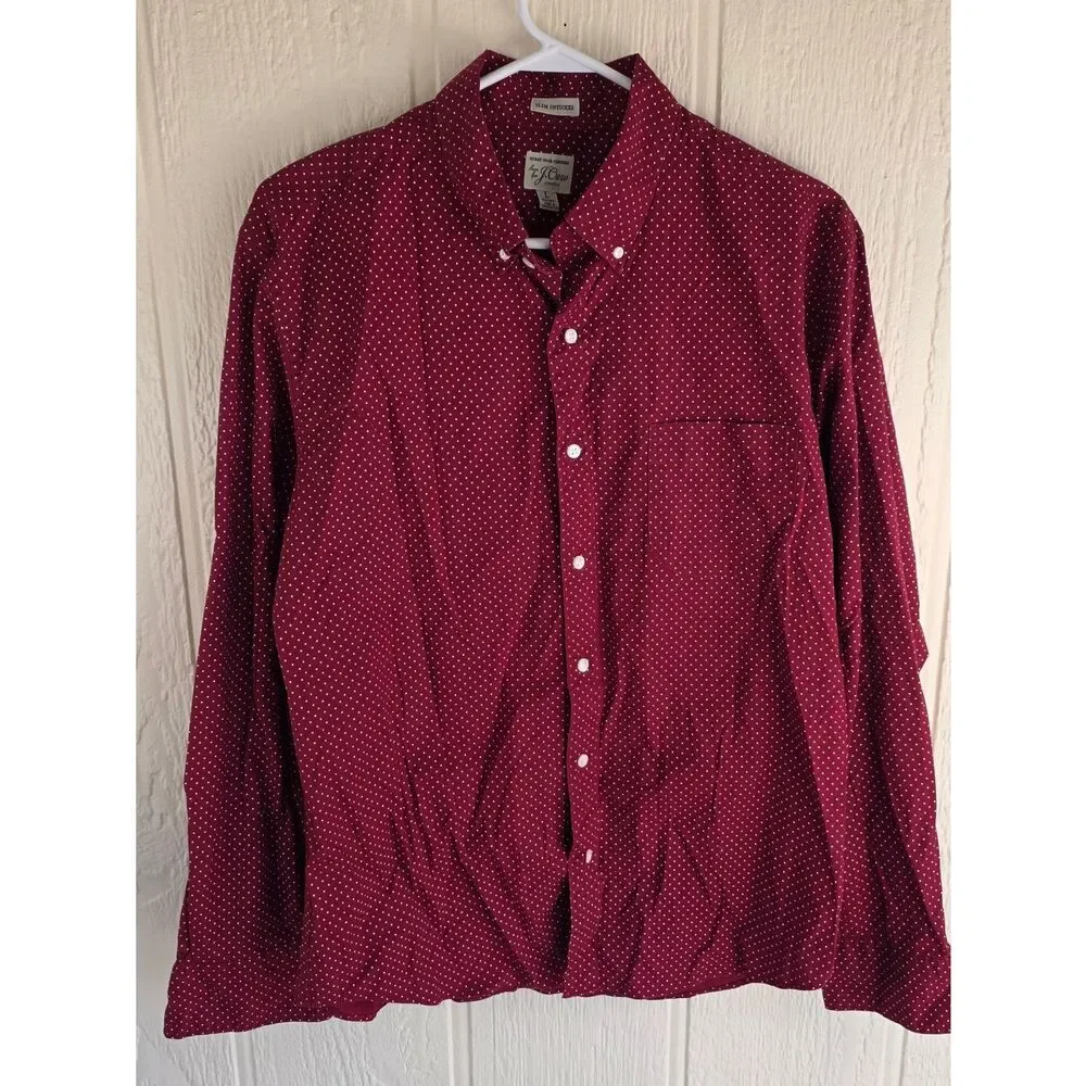 J. Crew Men's Maroon Dot Button-Down Shirt, Size Large